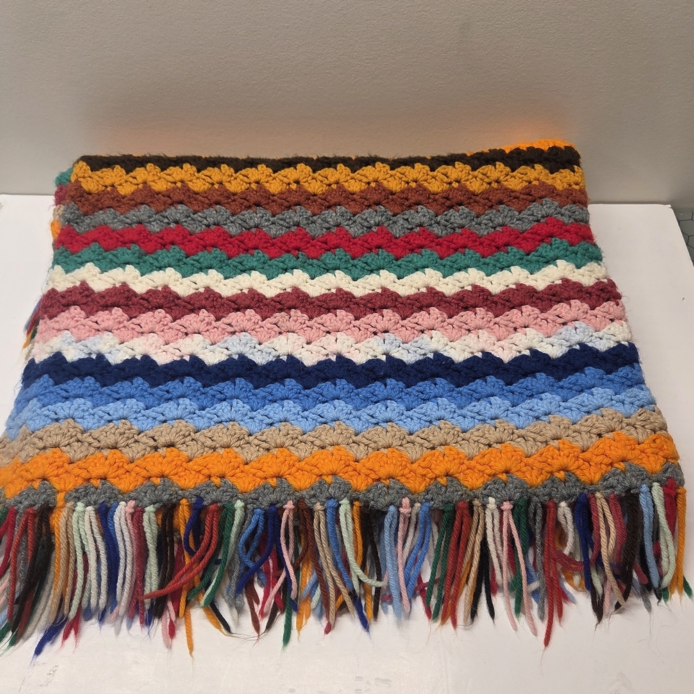 Handmade Granny Crochet Multicolour Striped Lap Blanket With Fringe Vintage 70s